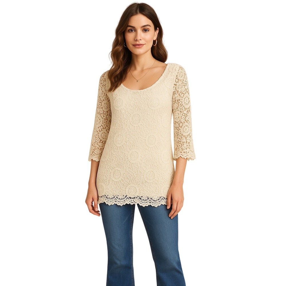 Christina Crochet Lace Boho Top Womens Small‎ Cream Tunic Cottagecore Coquette
